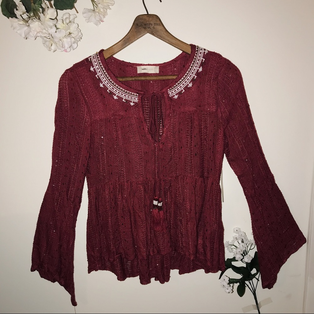 NWT Altar’d State Cranberry Flowy Blouse Beaded
